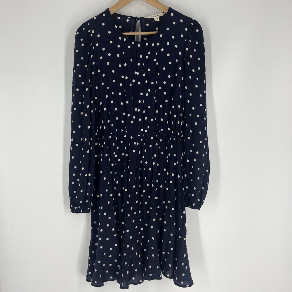 Boden Mini Dress Size 8 Women Navy Pleated Peplum Long Sleeve Polka Dot Print